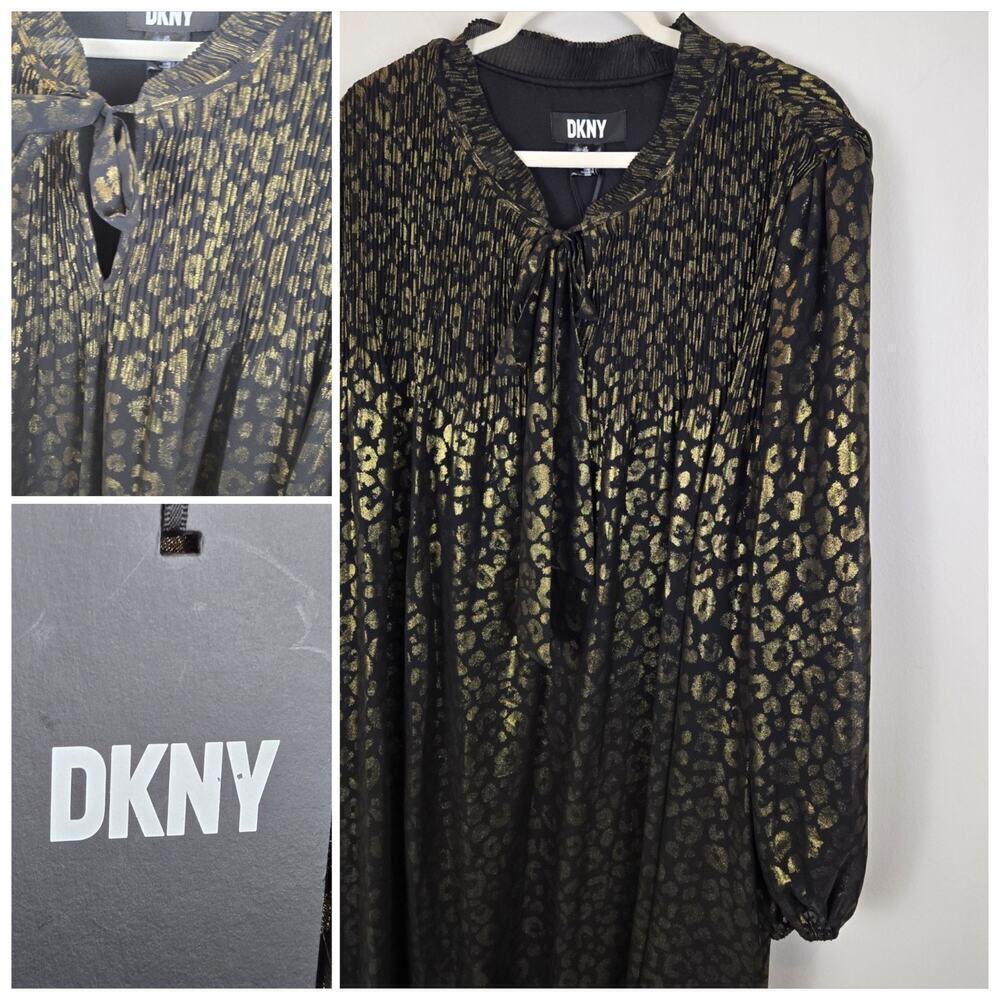 DKNY Animal Print Sz 24 Metallic Babydoll Dress Black Gold Embellished Shift NWT